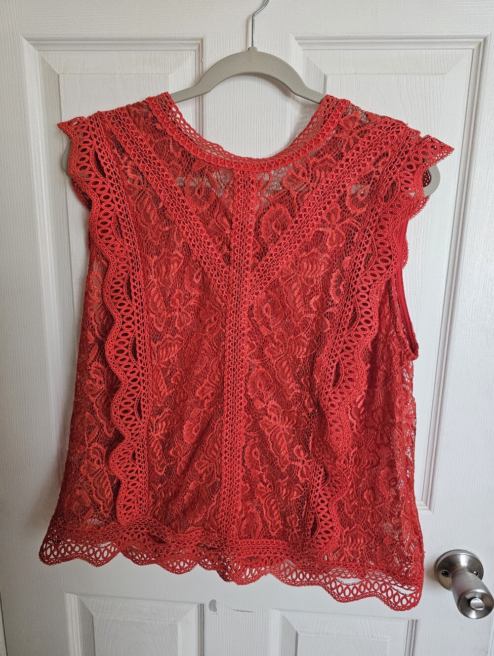 Adiva Red Classy Open Lace Sleeveless Top Ruffle Trim Cottagecore Romantic XL
